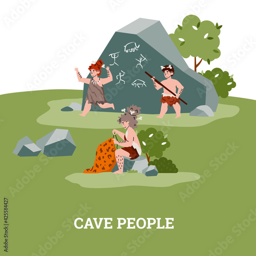 Life prehistoric cave people in stone age - woman sewing clothes, kids playing