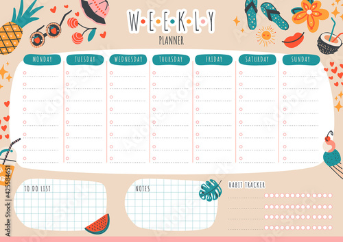 Cute vector weekly planner and to do list with summer objects:cocktail,ice cream,beach hat,tropical leave.Can use for notebook,agenda,diary,organiser,schedule. A4 page printable template Vector