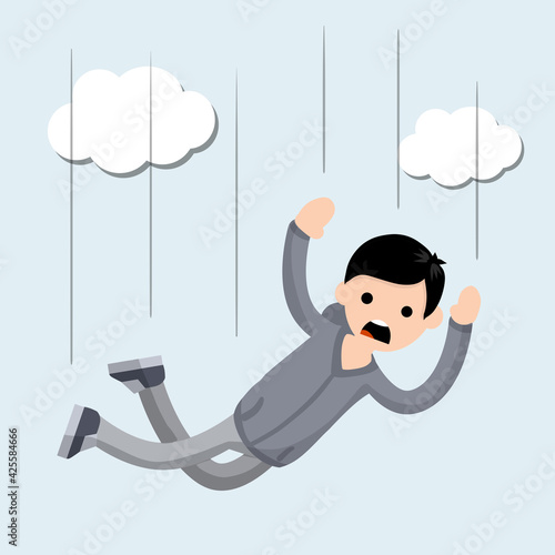 Cartoon flat illustration - screaming man falls from height. Drop young guy. Flight among the clouds. The horror and fear of heights - phobia Acrophobia.