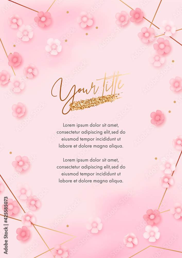 Greeting card design template. Vector illustration of realistic pink flowers and golden elements. Floral background for poster, cover, booklets, wedding invitation