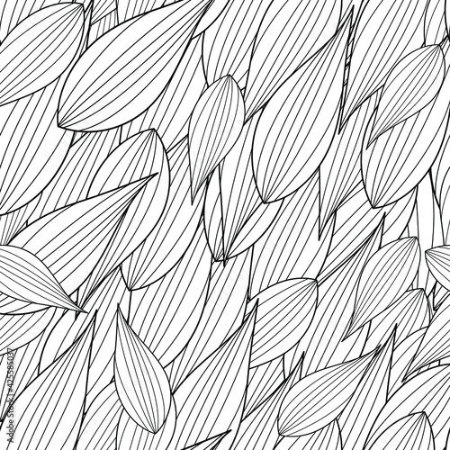 Foliage seamless pattern, leaves line art ink drawing in black and white. Vector design.