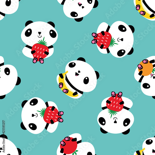 Kawaii panda and fruit seamless vector pattern background. Backdrop with cartoon bears holding apples, bananas, strawberries, oranges. Laughing and smiling animals. Healthy eating concept for kids