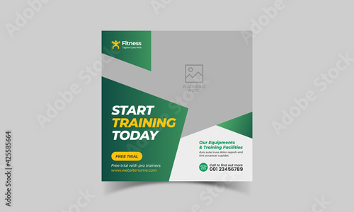 Fitness gym social media post or banner square flyer template. Editable food sports yoga digital marketing web banner design