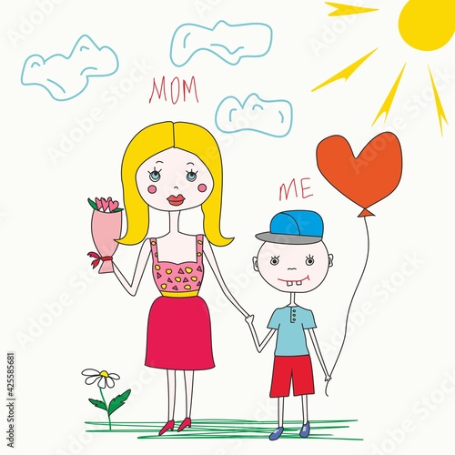 Happy Mother s Day greeting card. Mom and son holding hands on sunny day. childrens drawing as gift to mom. Children s congratulations  doodles  cartoon people. freehand drawing for mothers day