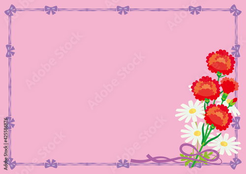 Red Heart Petal Flower Bouquet  Ribbon Bow Border Frame  Pink Background