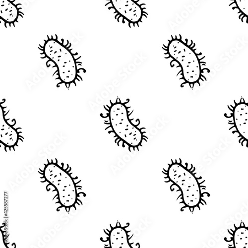Vector seamless pattern of an oval bacterium with short tentacles with curls drawn by hand with a black line in the style of a doodle on a white background for medical design template