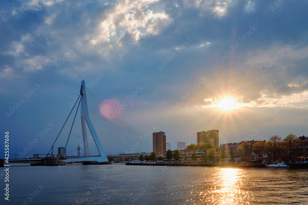 Rotterdam skyline cityscape with Erasmusbrug bridge over Nieuwe Maas in contre-jur on sunse, Netherlands.