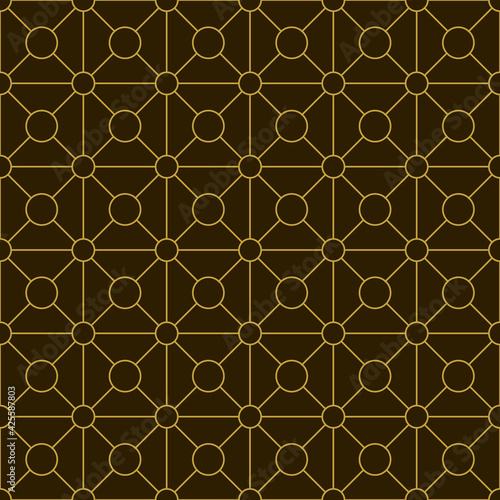 Geometric golden ornament grid on brown background. Seamless fine abstract pattern, wrapping paper