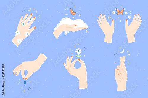  Set of magic hands with chamomiles, stars, spots and butterflies. Red manicure. Cartoon style. Abstract hand drawn colorful trendy vector illustration. Print idea. Fit for social media, bloggers.