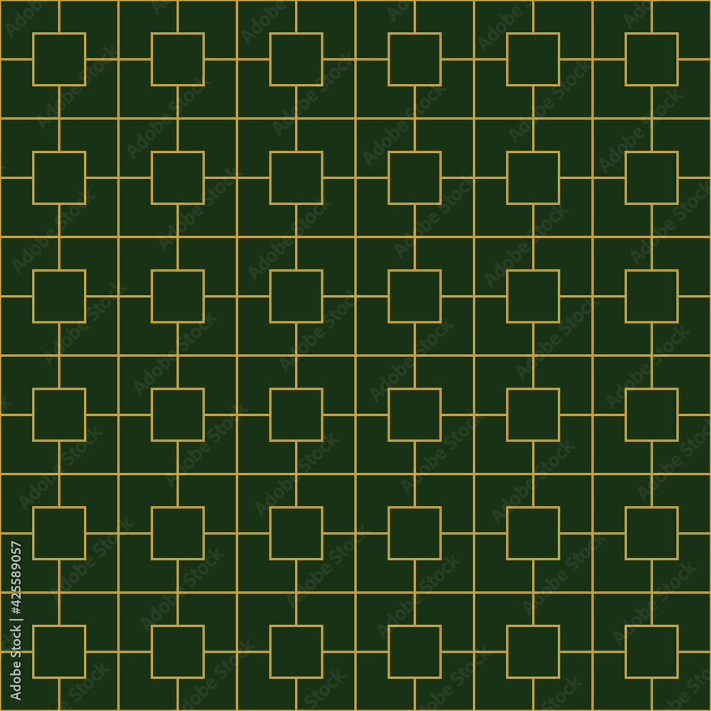 Geometric golden ornament grid on green background. Seamless fine abstract pattern, wrapping paper Geometric golden ornament grid on green background. Seamless fine abstract pattern, wrapping paper