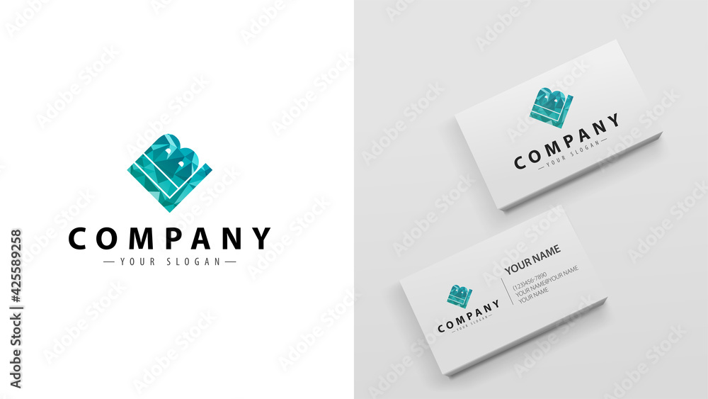 Polygon logo of letter b. Mockup of business cards with a logo Polygon logo of letter b. Mockup of business cards with a logo