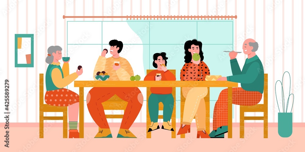 Big family dinner - cartoon people eating food behind big table.