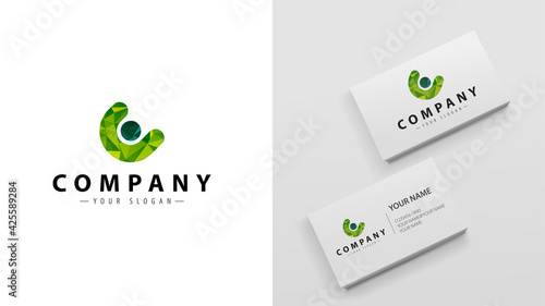 Logo polygon with the letter c. Mockup of business cards with a logo