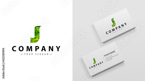 Logo polygon with the letter J. Mockup of business cards with a logo