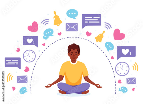 Digital detox and meditation. Afro american man meditating in lotus pose. Vector illustration.