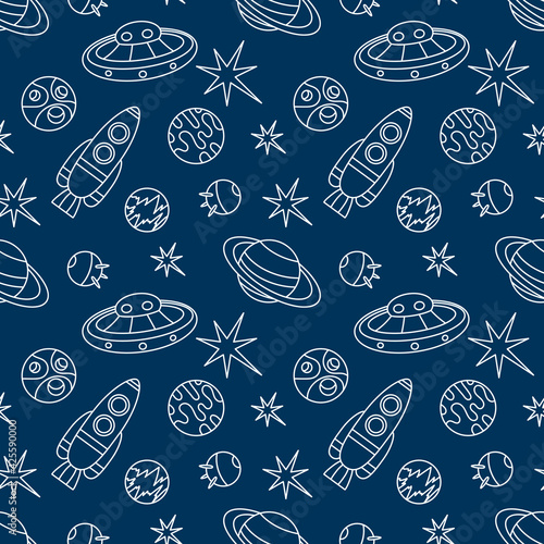 The universe, the cosmos. Seamless pattern. Doodles of planets, stars, spaceships, and satellites. Vector black and white background