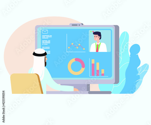Arabic man in a video conference isolated illustration