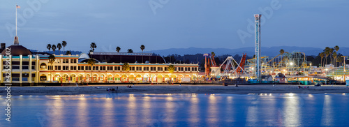Santa Cruz, California - April 3, 2021: Santa Cruz Beach Boardwalk Amusement Park during the blue hour. Santa Cruz, California, USA.