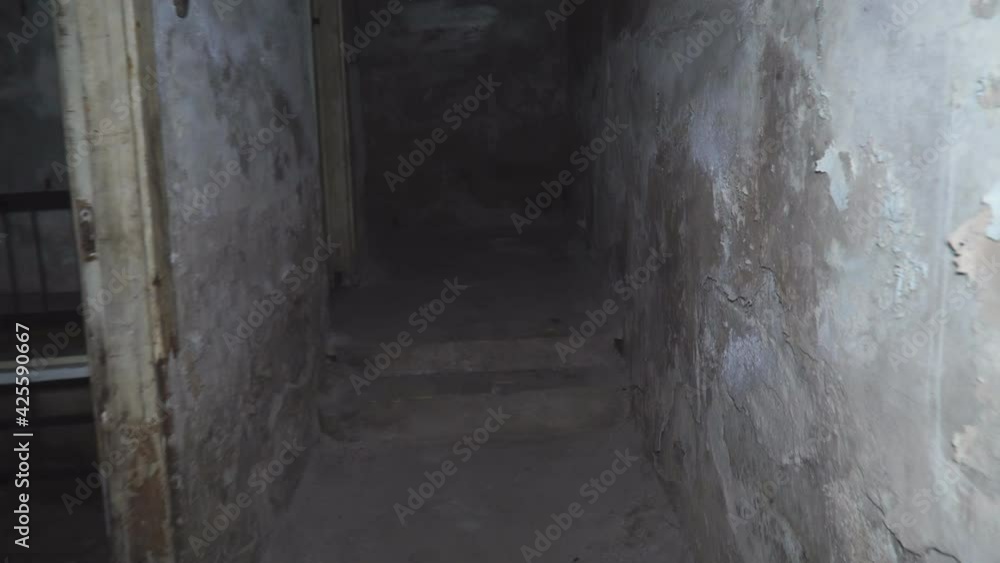 The man walks cautiously down the dark corridor of an old abandoned basement. Point of view. Low key The man walks cautiously down the dark corridor of an old abandoned basement. Point of view. Low key
