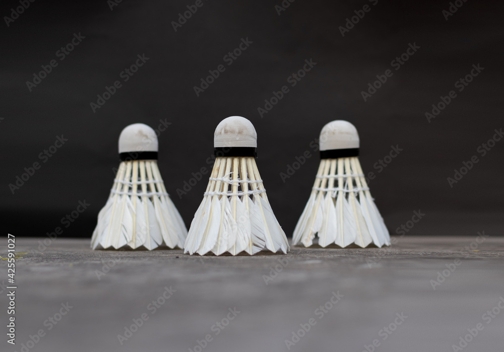A set of white badminton feather shuttlecock in on black background. A set of white badminton feather shuttlecock in on black background.