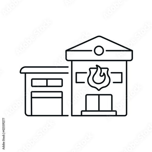 Building fire department linear icon. Firefighters. Rescue service. Thin line customizable illustration. Contour symbol. Vector isolated outline drawing. Editable stroke