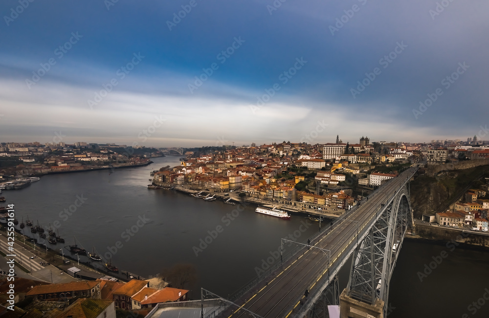 Fototapeta premium Aerial view of Dom Luis Bridge at the morning, Porto, Portugal