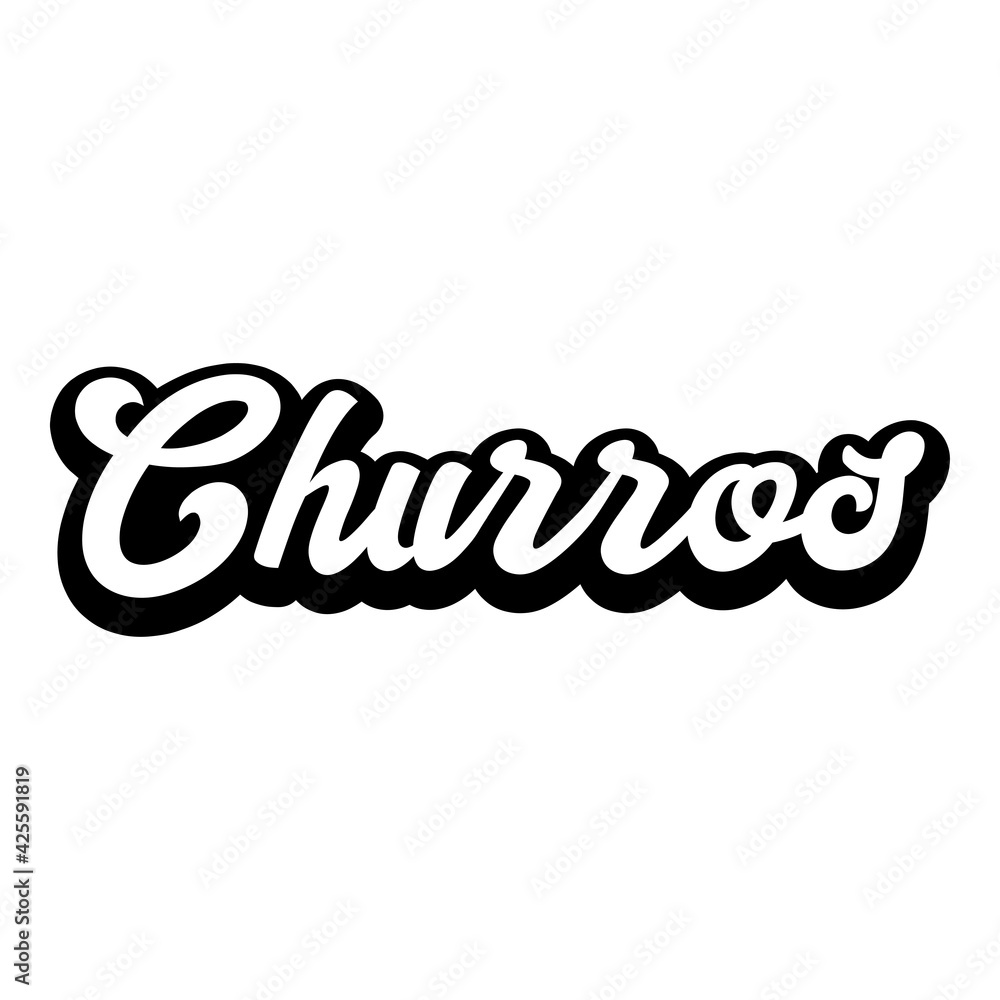 Logotipo con texto manuscrito Churros escrito a mano con sombra en color negro Logotipo con texto manuscrito Churros escrito a mano con sombra en color negro