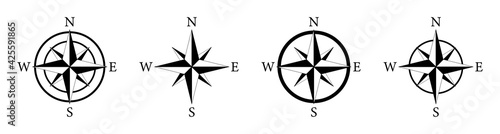 Compass icon. Nautical compass for travel with sign of north, south, west, east. Set of logo for map and navigation. Symbol of direction. Arrow, dial for orientation of latitude, longitude. Vector.