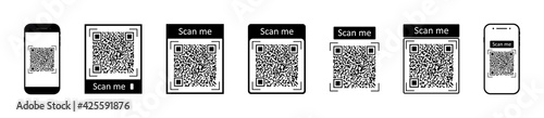 QR code for scan with mobile. Icons of barcode for phone scanner. Digital bar of logo with scan to me. Black qrcode for pay on white background. Coupon for discount. Symbol of marketing. Vector