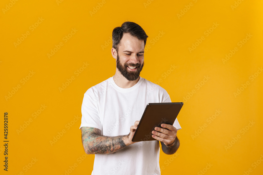 Happy mid aged brunette bearded man Happy mid aged brunette bearded man