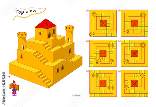 Logic puzzle game for children and adults. 3D maze. Need to find correct top view of tower. Printable page for brain teaser book. Developing spatial thinking skills. IQ test. Flat illustration.