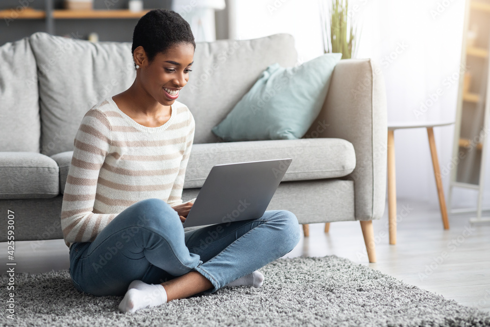 Remote Work. Smiling Black Freelancer Woman Working With Laptop At Home Remote Work. Smiling Black Freelancer Woman Working With Laptop At Home