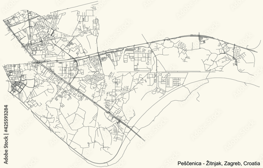 Black simple detailed street roads map on vintage beige background of the quarter Peščenica – Žitnjak district of Zagreb, Croatia