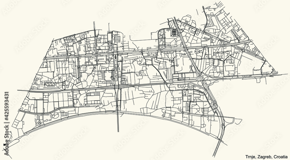 Black simple detailed street roads map on vintage beige background of the quarter Trnje district of Zagreb, Croatia