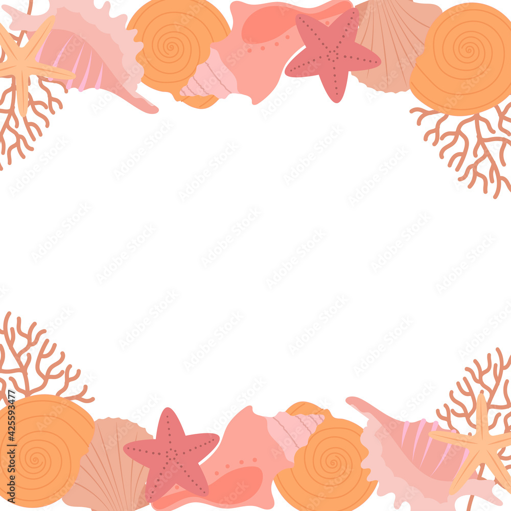 Marine frame background. Seashells, corals and starfish on white background. 