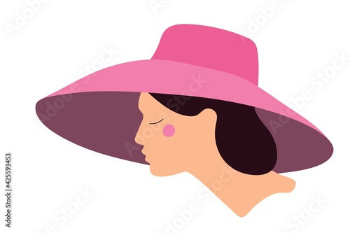 Young woman in large pink hat. Flat vector illuctration. Female headwear. Portrait from side to profile. Element of clothing or accessory. Person in headdress. Avatar of girl with hat