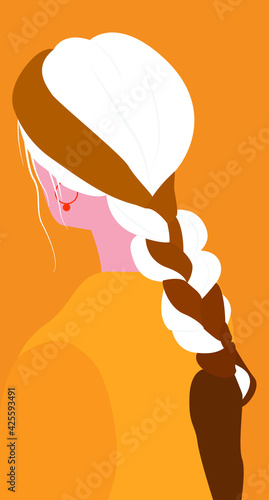 Girl with a bright ribbon in her hair. Flat illustration in bright colors with a white-haired beauty. Design for cards, posters, backgrounds, textiles, templates, avatars, icons.