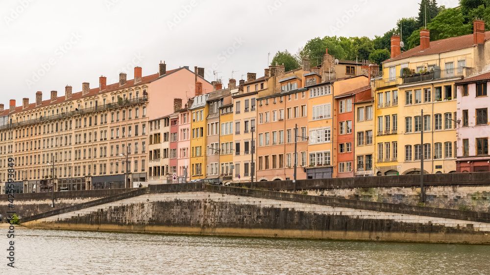 Vieux-Lyon, colorful houses in the center, on the river Saone 
