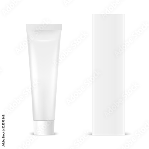 Vector 3d Realistic Plastic, Metal White Tooth Paste, Cream Tube, Carton Packing Isolated on White Background. Design Template of Toothpaste, Cosmetics, Cream, Tooth Paste for Mockup. Front View