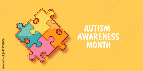 Autism awareness month horizontal banner with Multicolored puzzle isolated on yellow background. Healthcare concept.