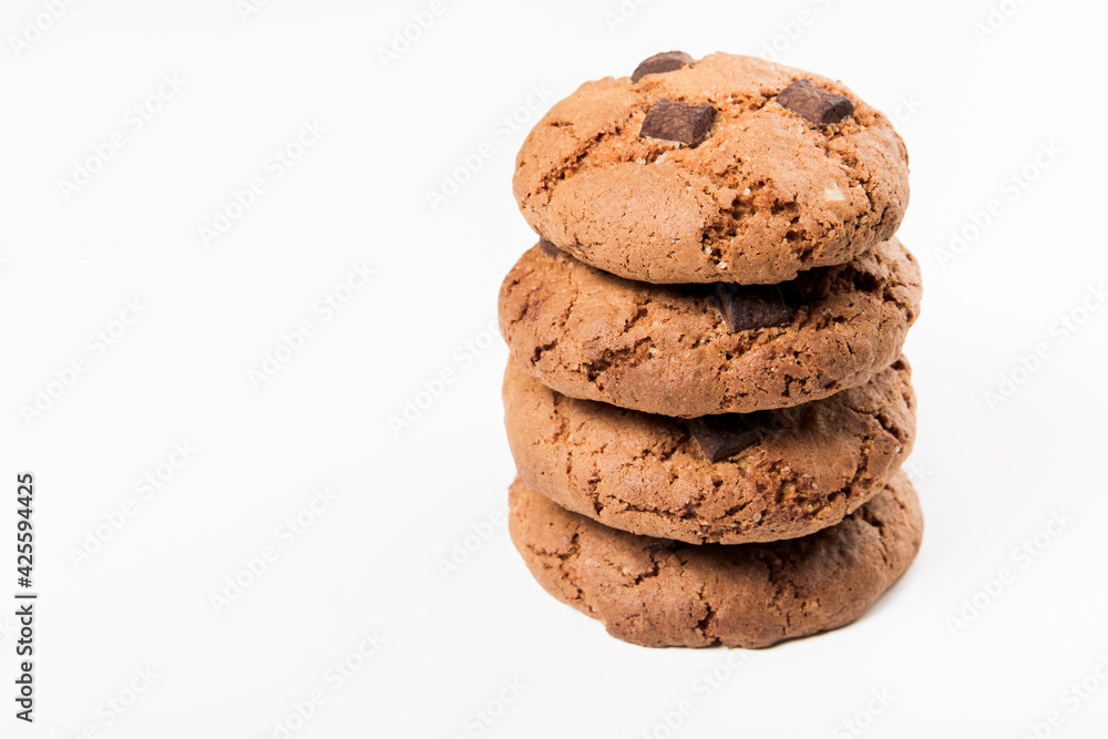 Chocolate chip cookies with chocolate pieces. White background. Close-up view Chocolate chip cookies with chocolate pieces. White background. Close-up view