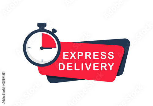 Express delivery service logo. Timer and express delivery inscription. Stopwatch icon for express service. Delivery concept for apps and website. Vector illustration. Flat design