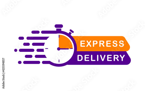 Express delivery service logo. Timer and express delivery inscription. Stopwatch icon for express service. Delivery concept for apps and website. Vector illustration. Flat design