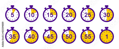 et of simple timers. Countdown5,10,15,20,25,30,35,40,45,50,55,1 minutes. Stopwatch icons set in flat style, digital timer. clock and watch, countdown symbol. Vector illustration. EPS 10