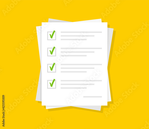 Paper white papers with green check marks on yellow background. Confirmed or approved document. Stack of paper sheets. Survey or exam, answer list, legal agreement. Vector illustration in flat design
