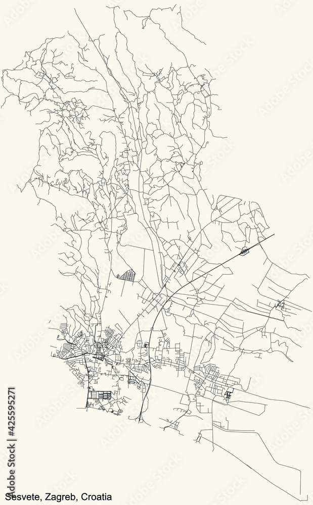 Black simple detailed street roads map on vintage beige background of the quarter Sesvete district of Zagreb, Croatia