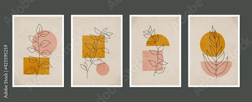 Botanical wall art set. Minimal and natural wall art. Boho foliage line art drawing with abstract shape. Abstract Plant Art design for print, wallpaper, cover. Modern illustration.