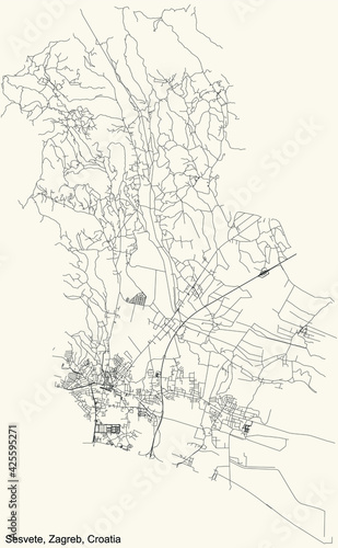 Black simple detailed street roads map on vintage beige background of the quarter Sesvete district of Zagreb, Croatia