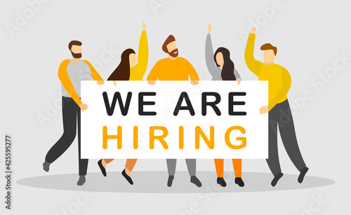 We are hiring. Group of people are holding Paper sticker for recruitment services on grey background. Banner for business, marketing and advertising. Vector illustration