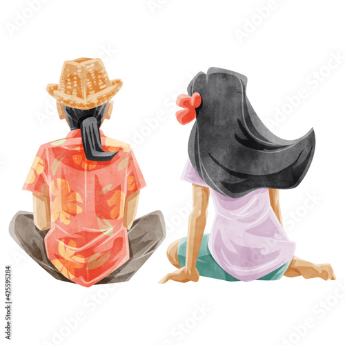 南国にいる男女の後ろ姿手描き水彩風イラスト